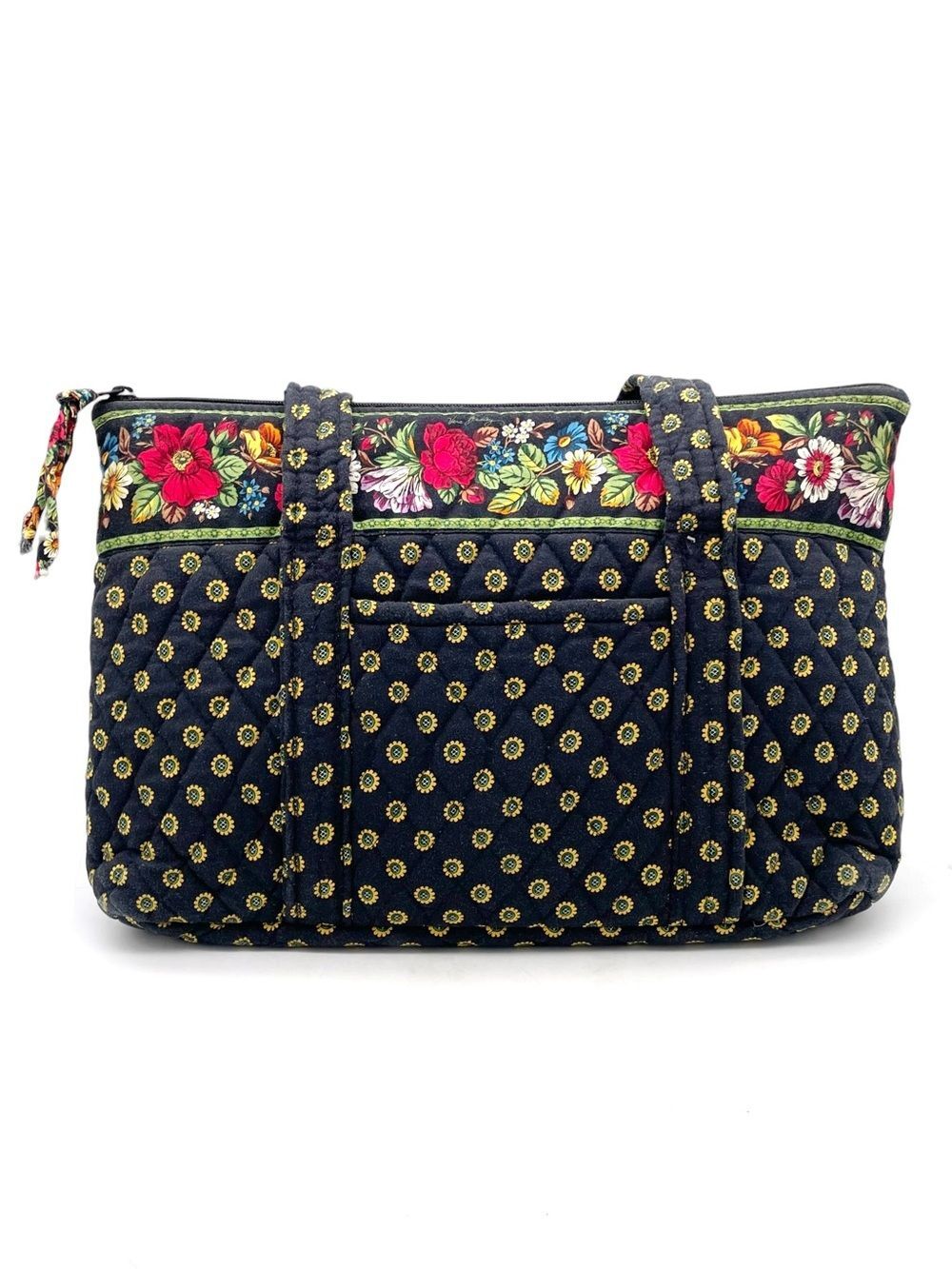 Vera Bradley Betsy Bag Vibrant Black Retired Quilted Floral Zip Top Tote Bag VTG